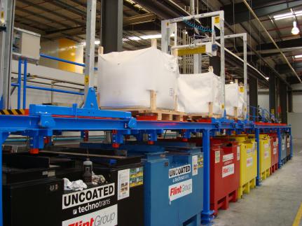 Flint Group y Sistema Fluid-Bag de rieles con rodillos de descarga móviles sobre tanques principales de tinta de impresión